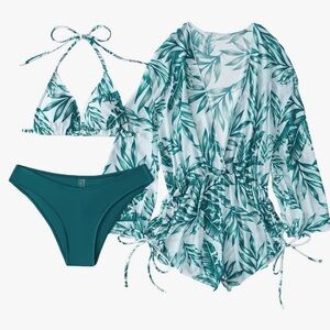 3 Piece Swimsuit Bikini Set Halter Triangle Bathing Suit w Cover Up Swimwear